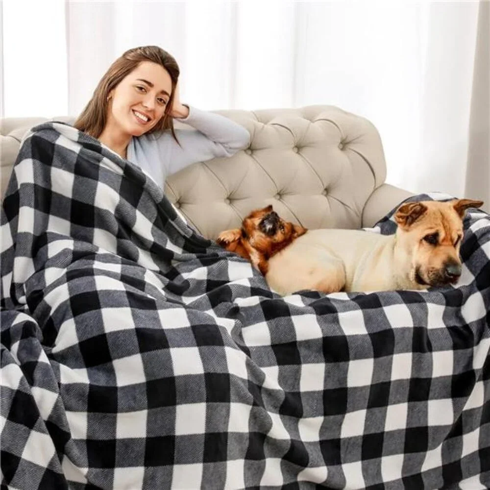 Plaid Fleece Throw Blanket for Couch, Black & White Checkered Flannel Blanket